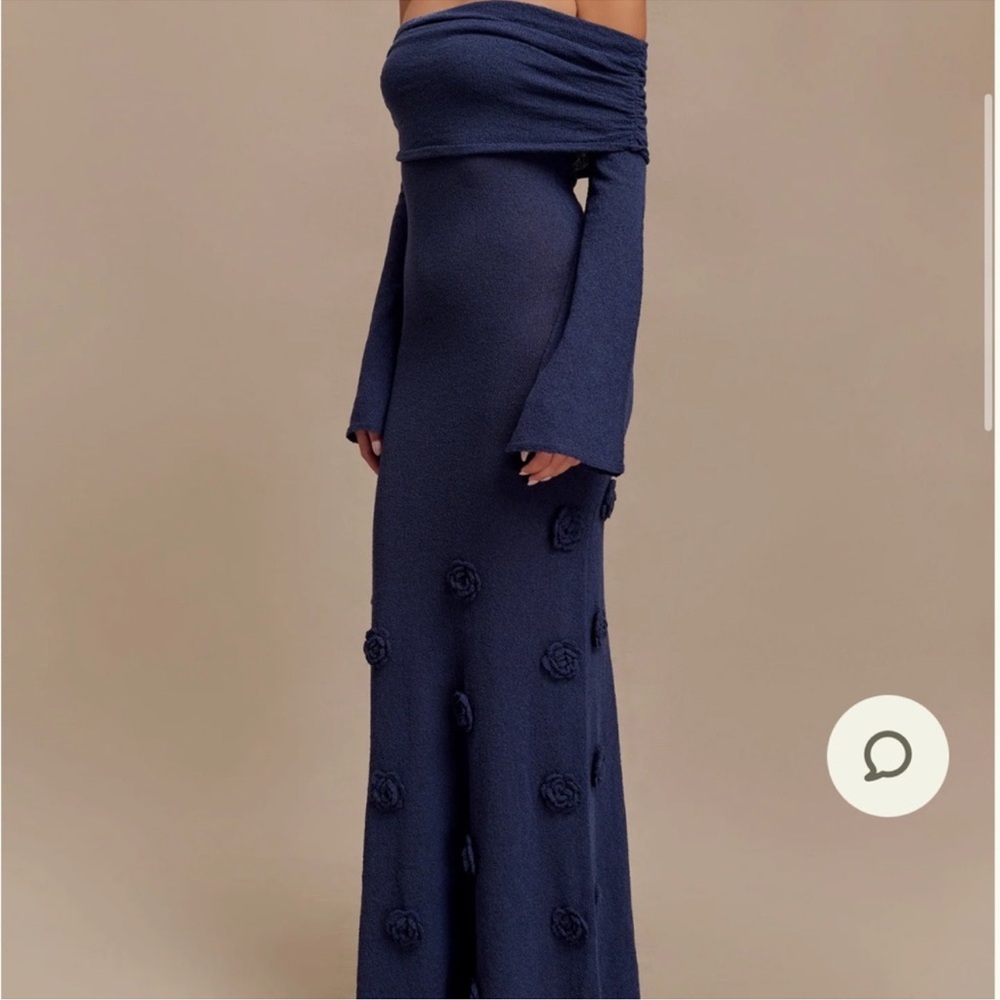 Meshki Off Shoulder Knit Rose Maxi Dress - Navy